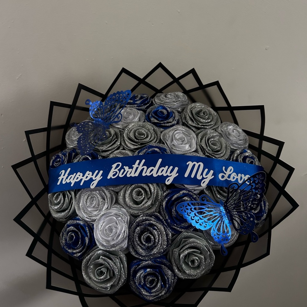 Elegant Silver, White, and Blue Rose Arrangement
30 roses